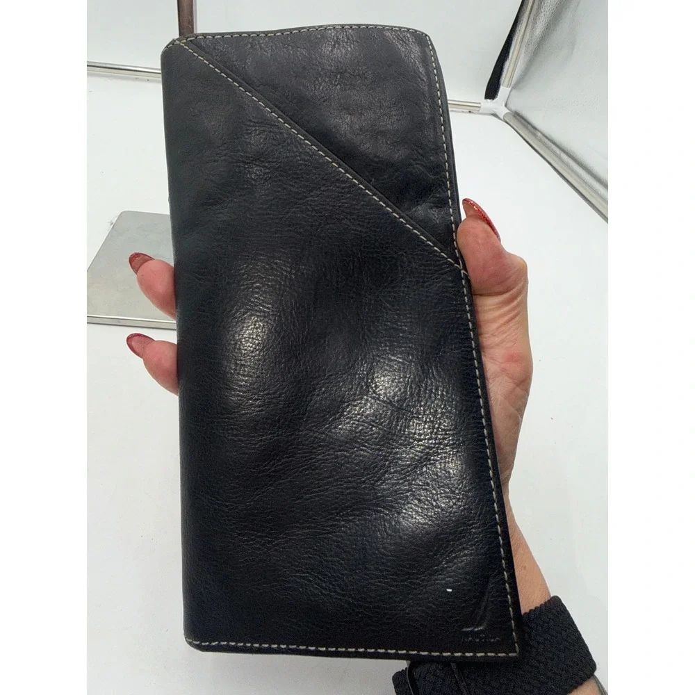 Nautica Mens Black Leather Trifold Checkbook Wallet with Contrast Stitching